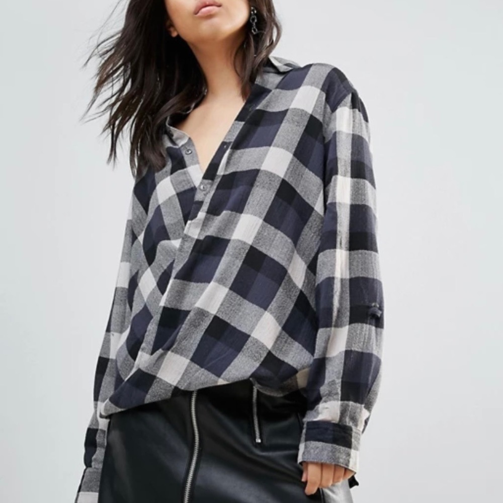 BlankNYC NWT Faux Wrap Plaid High Low Button Down Top Black Gray Size Small